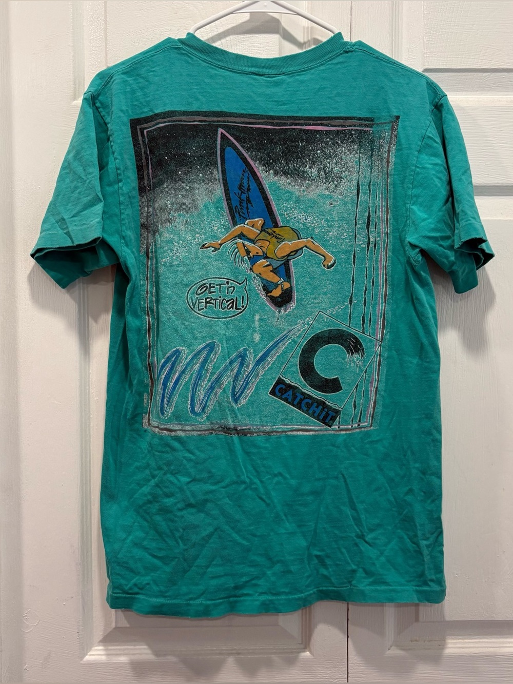Vintage 1987 Teal Surfing Short Sleeve T-Shirt - Size Small